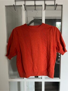 Frank & Oak Orange Short-Sleeve Pointelle Knit Sweater